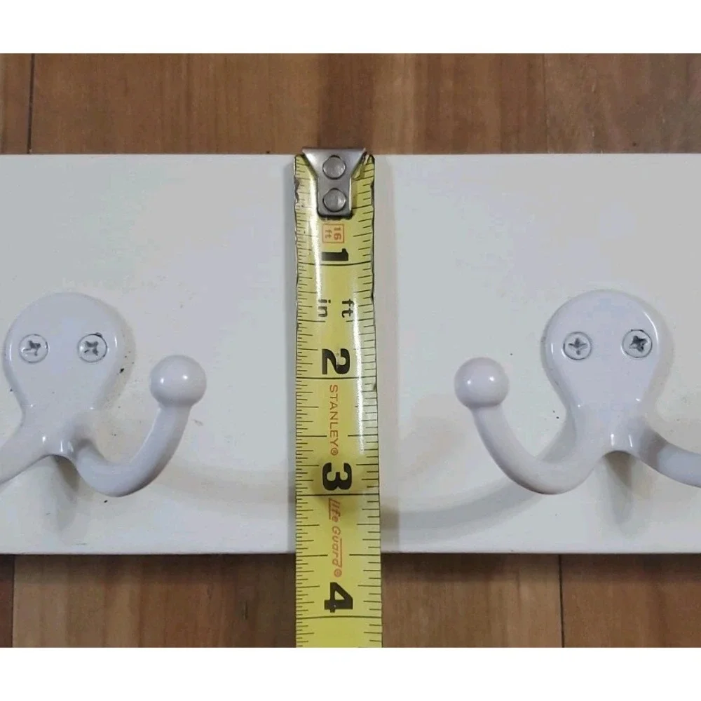 White Wooden Wall Mount Hook Rail 4 Heavy Duty Double Hooks Towel Hanger